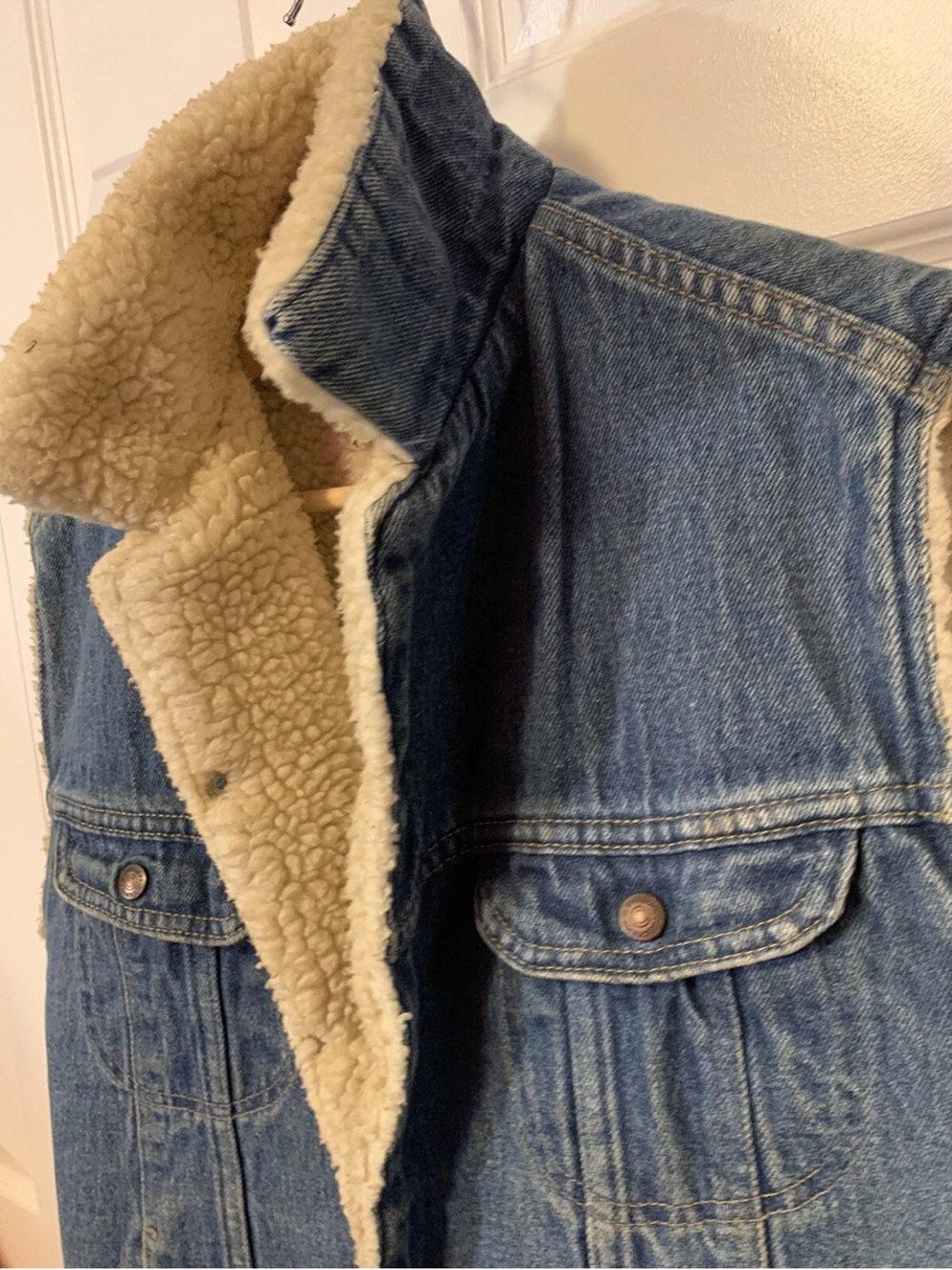 Vintage Sears Roebucks Denim Jean Western Wear Sherpa Vest Mens Jacket 42R Blue